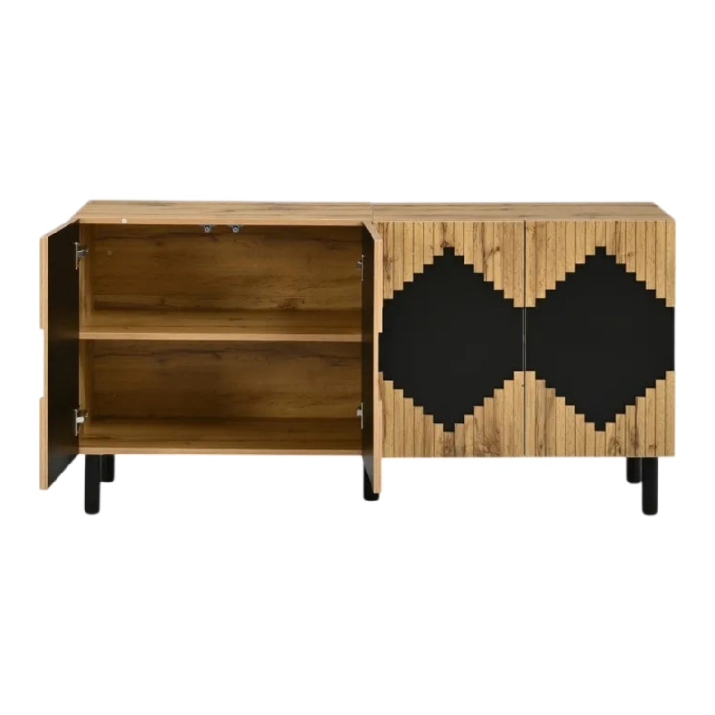 **Buffet en bois avec portes noires et motif géométrique**