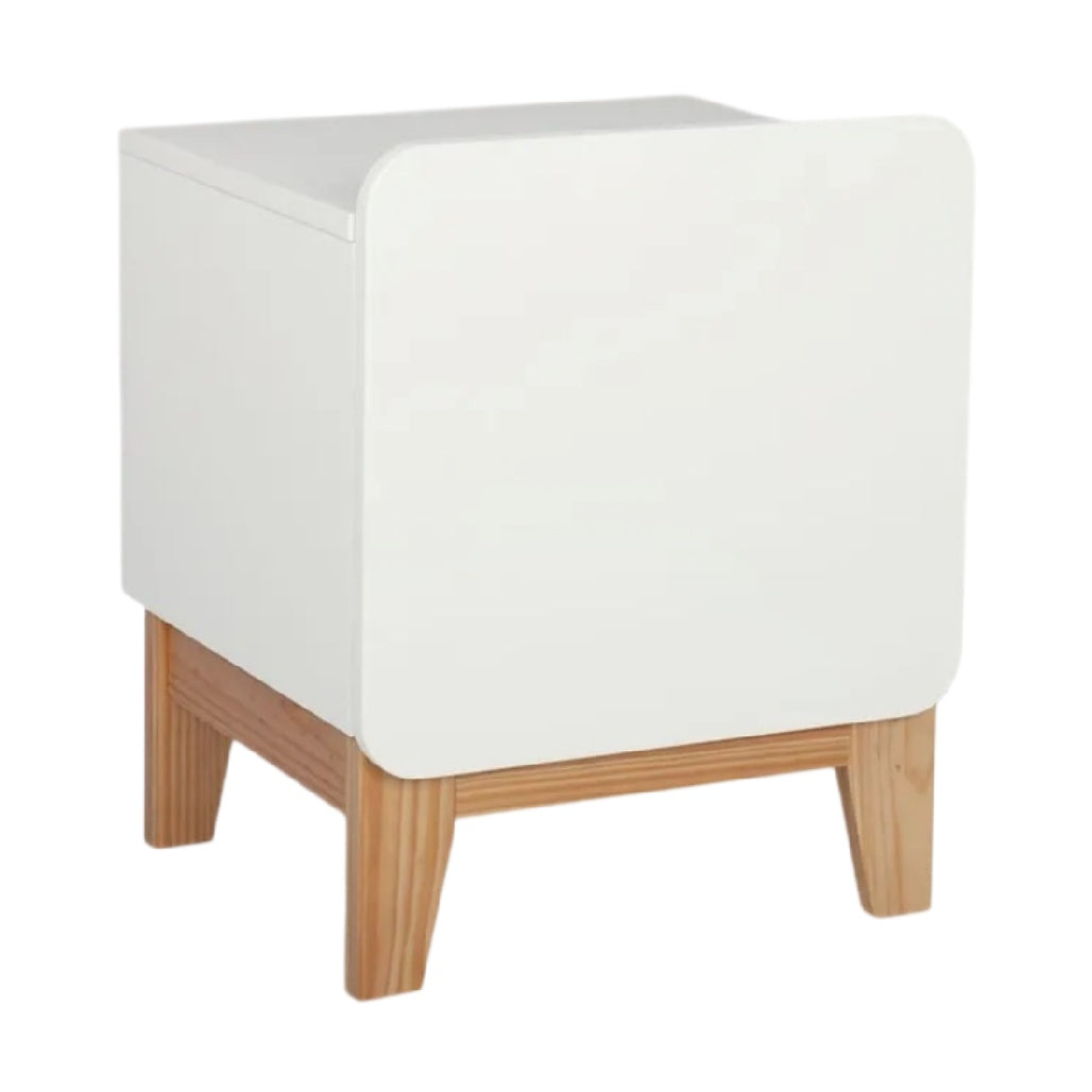 **Table de chevet moderne en bois et blanc, design épuré**