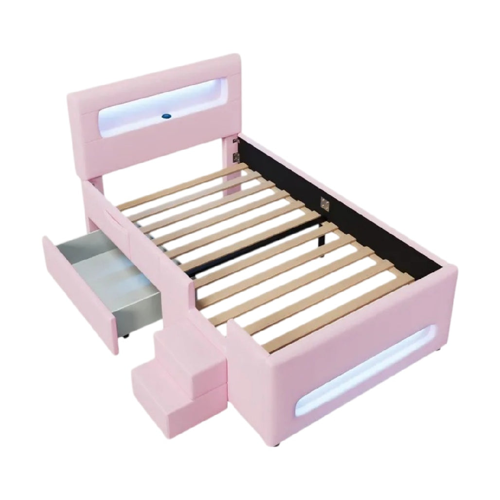 **Lit enfant rose avec LED et tiroir de rangement**