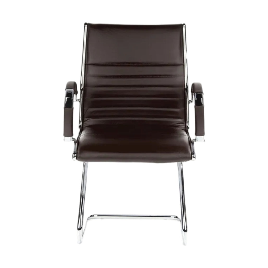 **Chaise de bureau moderne en cuir synthétique marron avec accoudoirs chromés**