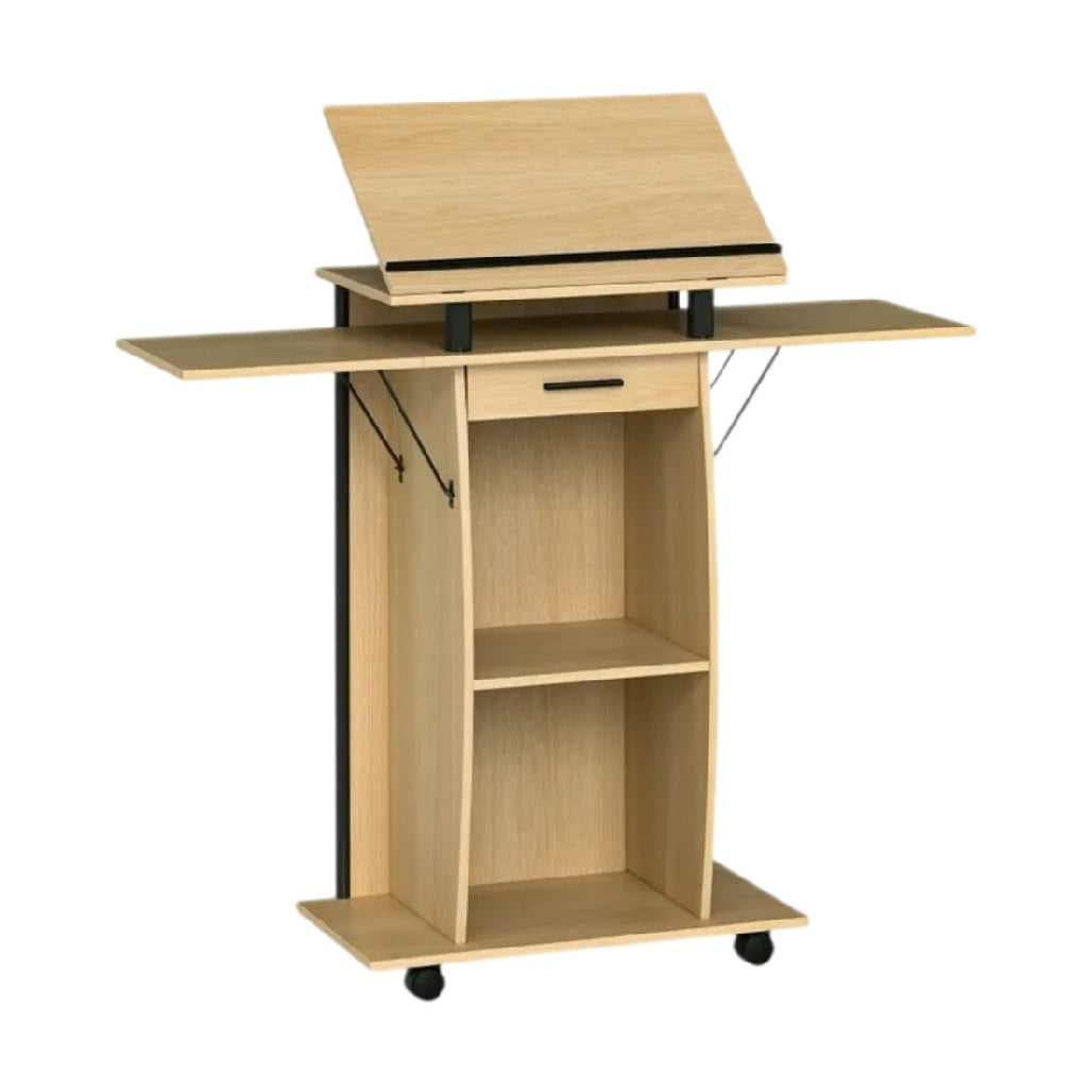 **Bureau de présentation en bois avec plateau inclinable et espaces de rangement**